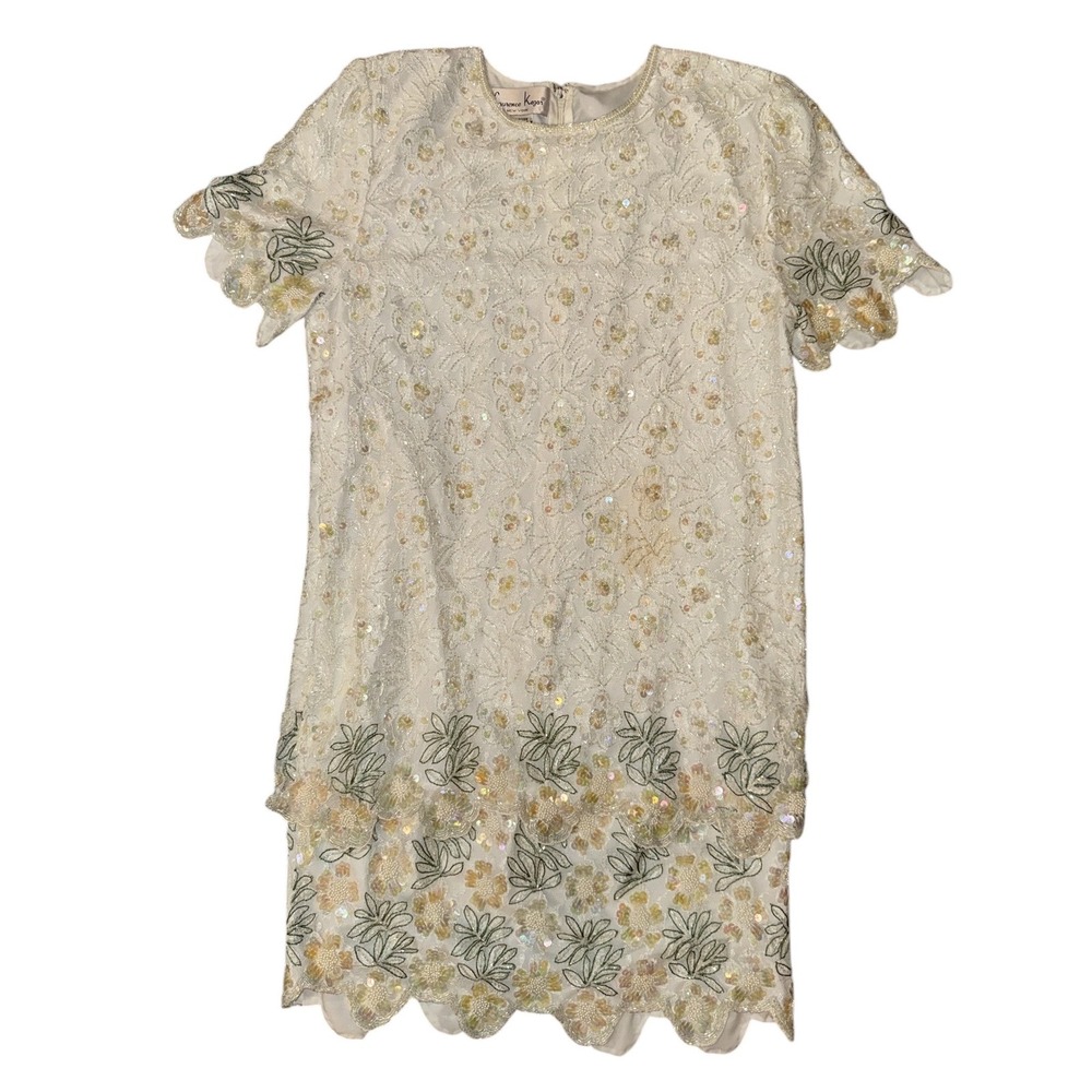Laurence Kazar Beaded Dress Women PM Cream Floral Sequin Scalloped Shift